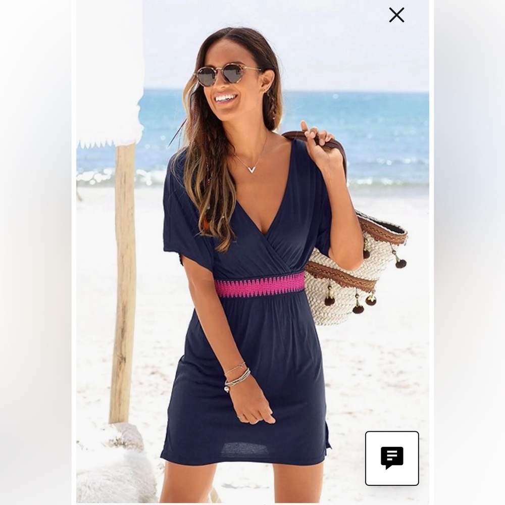 Navy LASCANA Women's Wrap Look Dress with Pink Waistband